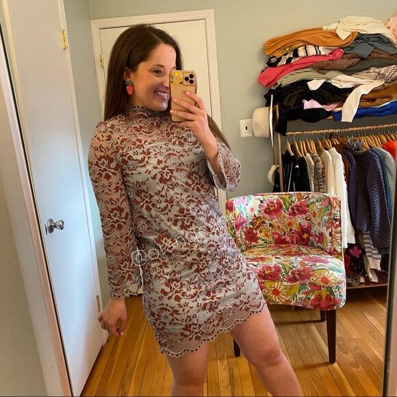 GANNI Blue Red Floral Lace Mockneck Long Sleeve Formal Mini Dress Comfy Event S - Picture 2 of 16